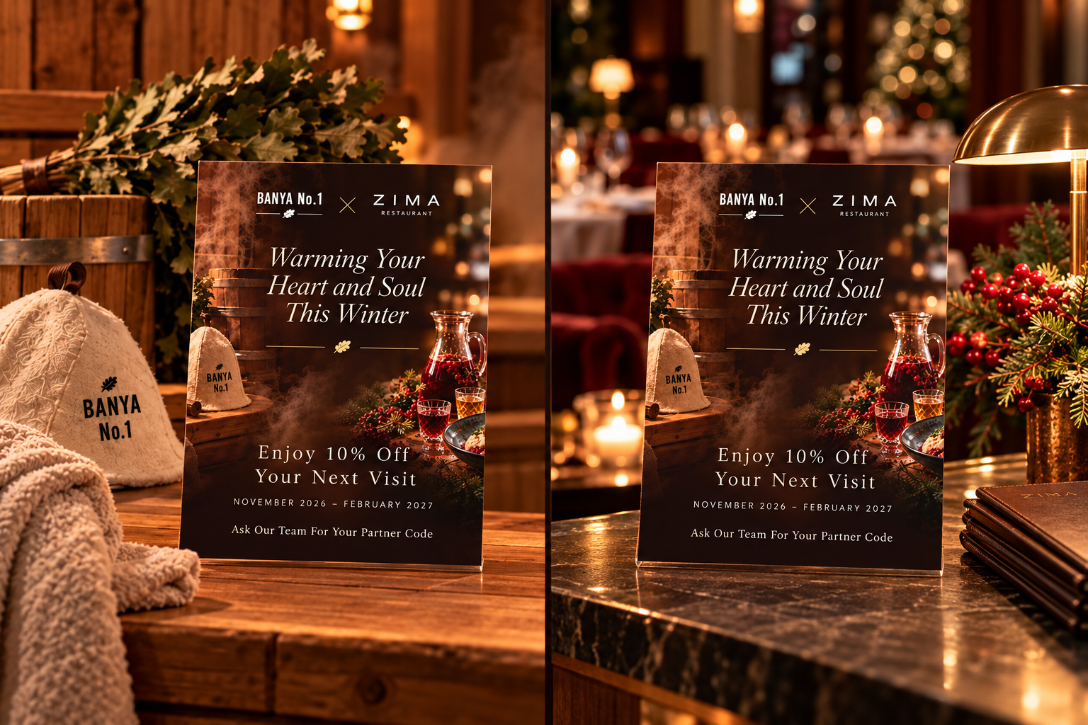 The same warm winter leaflet shown at a banya reception and at a restaurant host desk