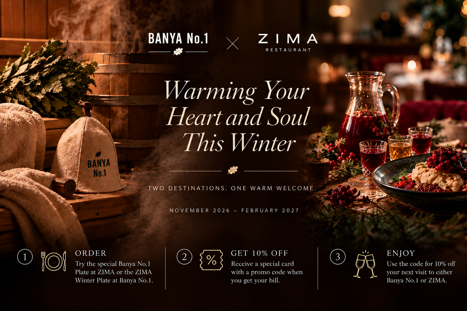 North Star campaign visual: warm banya setting on the left and a winter restaurant table on the right, with the Warming Your Heart and Soul This Winter headline